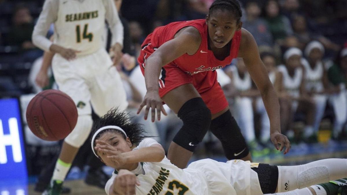 Myrtle Beach’s Kiana Adderton (23) tries to pass the ball to a teammate after going for a loose ball against Lake Highland’s Koi Love (5) during the first half.