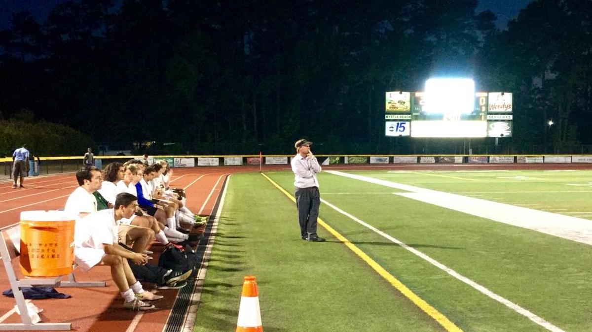 Myrtle Beach boys soccer coach Jason Himmelsbach looks on during his team’s win over Aiken on Saturday.