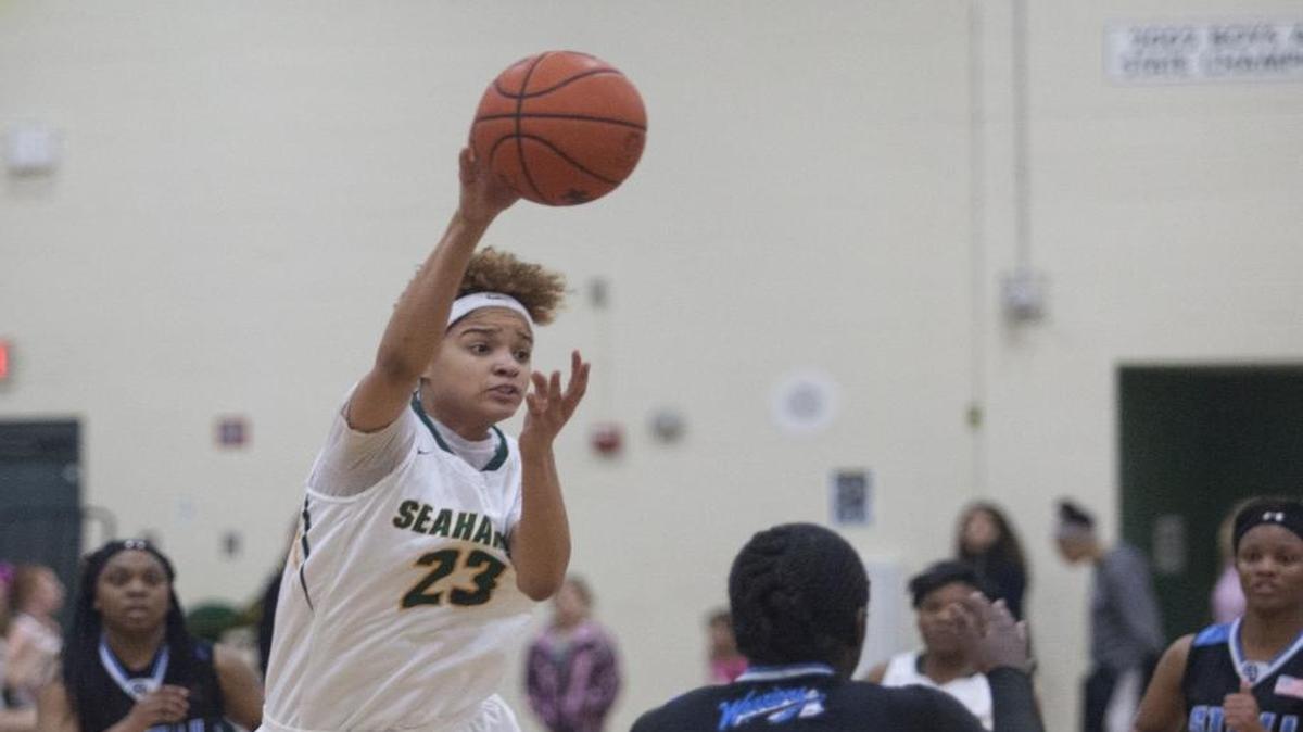 Myrtle Beach’s Kiana Adderton passes the ball around Stall defenders. The Seahawks will look to gather a measure of revenge Monday night when they play Crestwood in a third round Class AAA playoff game.