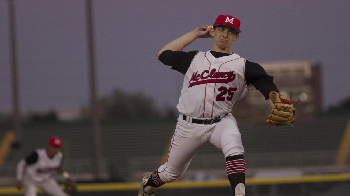 McClancy’s Charlie Neuweiler makes a pitch against Myrtle Beach on Tuesday night.