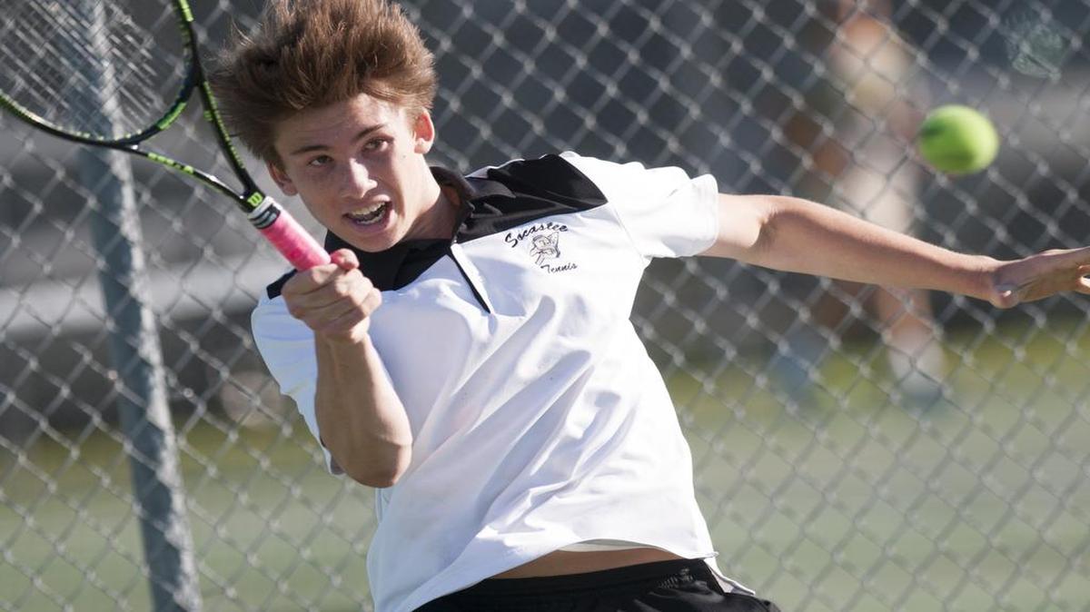 Socastee’s Britton Bellamy follows through on a big forehand Monday against West Florence’s Burns Grich. Socastee hosted West Florence in the Class 5A boys tennis Lower State final.