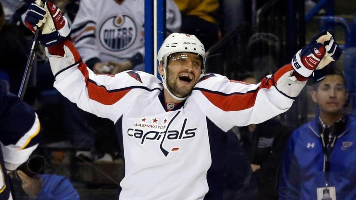 Washington’s Alex Ovechkin, of Russia, celebrates after scoring his third goal against St. Louis on Saturday.