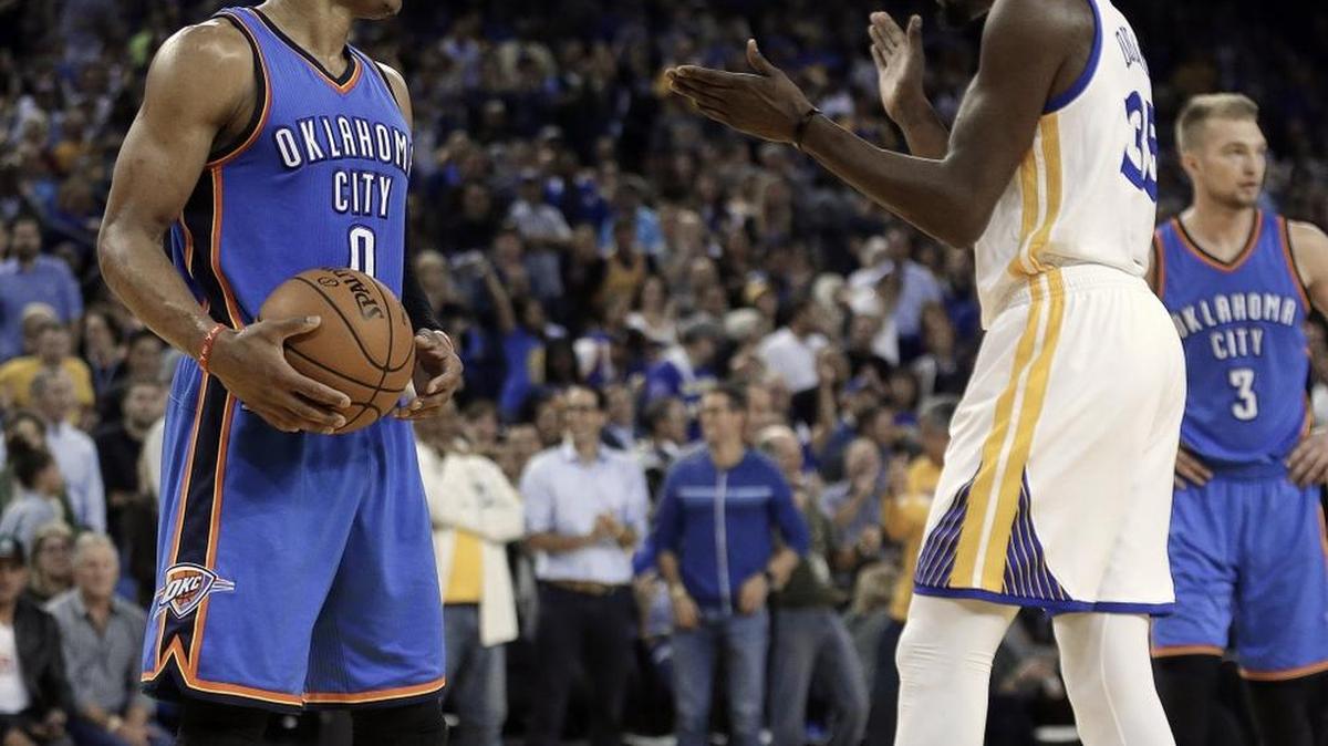 Golden State’s Kevin Durant, right, and Oklahoma City’s Russell Westbrook will be teammates again during the All-Star game Sunday.