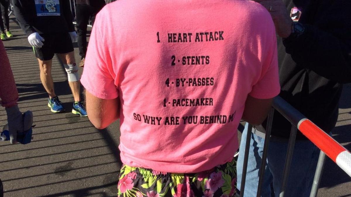 Don Halke’s shirt lays out the health issues and medical procedures he’s had since 2009. Halke has run in 111 marathons and ran in the Myrtle Beach half marathon on Saturday.