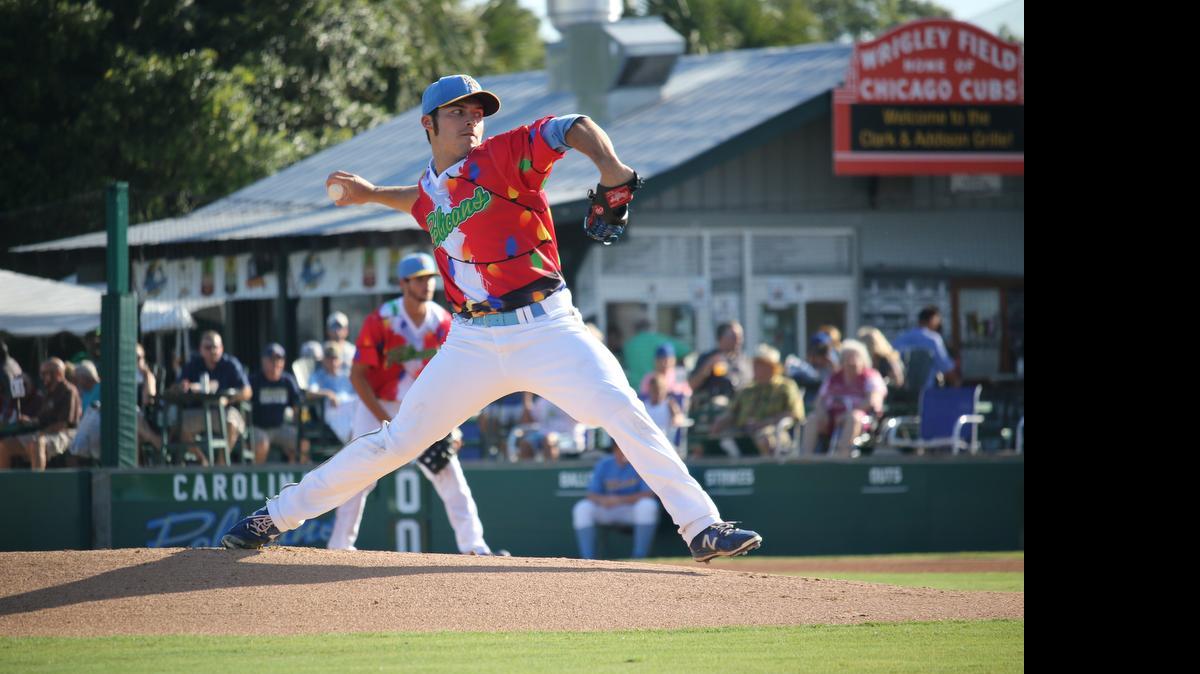 
Myrtle Beach’s Brad Markey makes a pitch against the Carolina Mudcats on Sunday night.

