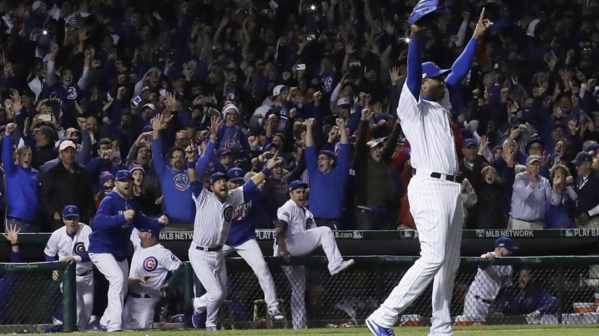 Cubs closer Aroldis Chapman (54) celebrates after Chicago clinched a World Series berth with a win over the Los Angeles Dodgers in Game 6 of the NLCS.