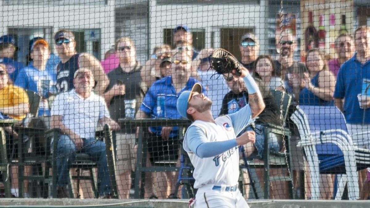 Myrtle Beach first baseman Tyler Alamo chases down a foul ball for the Pelicans during a game earlier this season.