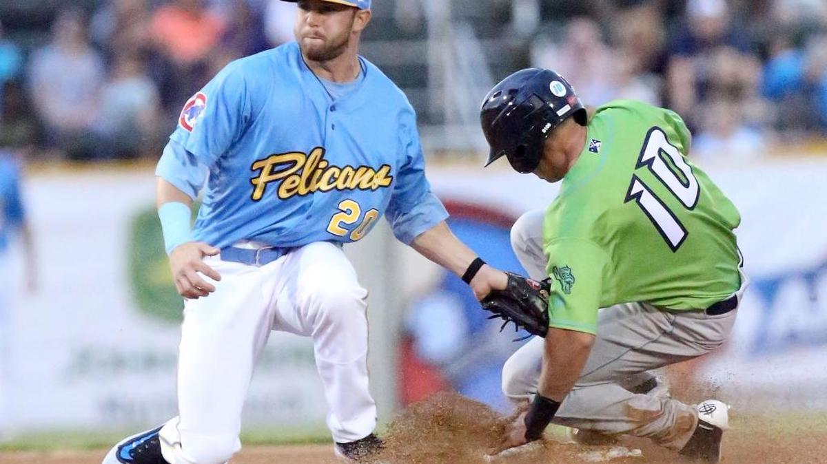 Myrtle Beach’s Trent Giambrone tags Lynchburg’s Jodd Carter out at second following his steal attempt during Thursday night’s game.