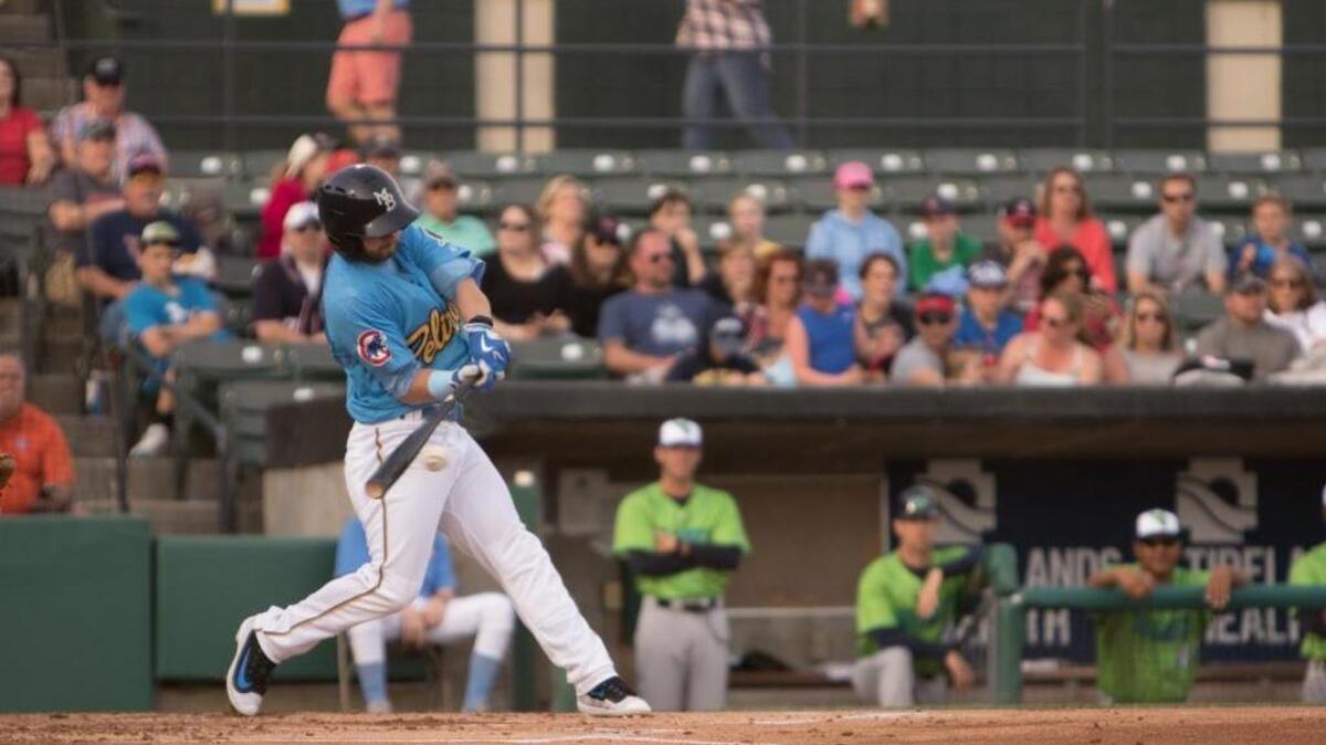 Myrtle Beach Pelicans shortstop Trent Giambrone takes a swing at a pitch during a recent game.