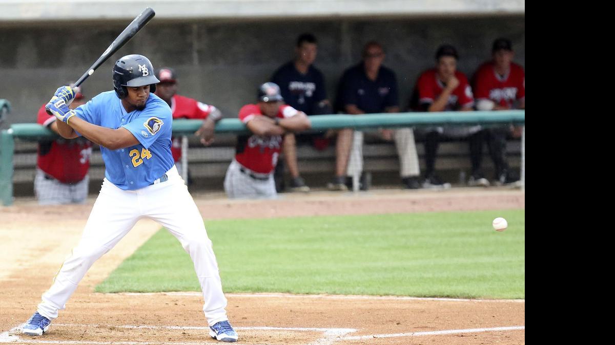 
Myrtle Beach Pelicans' Jeimer Candelario waits for his pitch in the game with the Carolina Mudcats on Thursday, June 4, 2015.
