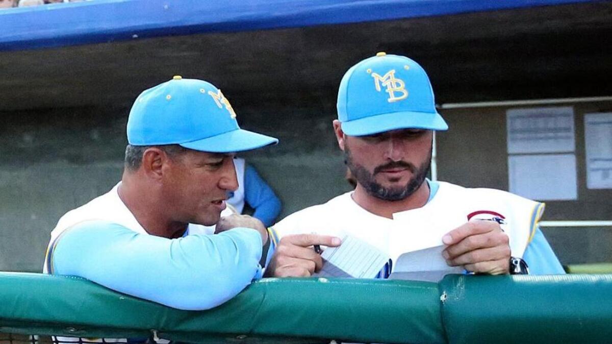 
Pitching coach David Rosario (left) talks with manager Mark Johnson as the Myrtle Beach Pelicans take on the Wilmington Blue Rocks.
