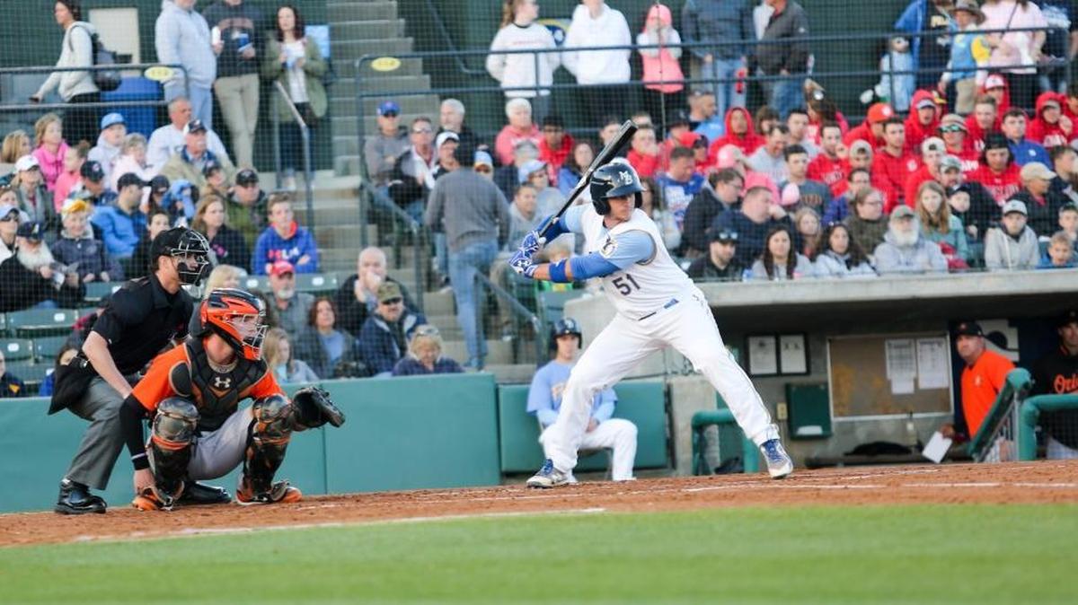 Myrtle Beach Pelicans designated hitter P.J. Higgins bats against the Frederick Keys at TicketReturn.com Field at Pelicans Ballpark during the Pelicans’ opening day game Thursday. Higgins knocked in the Pelicans’ only two runs of the game with a single in the fifth inning.