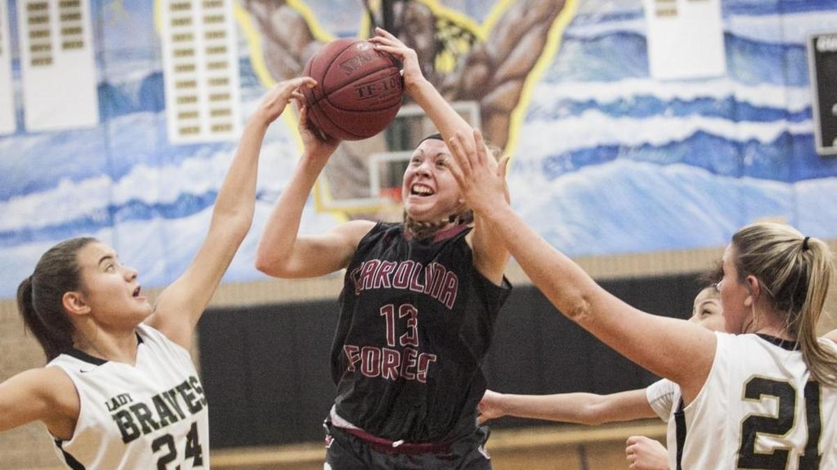 Carolina Forest’s Alexis Tomlin, shown here in an earlier game against Socastee, had 28 points, 12 rebounds and five blocks against Conway on Friday.