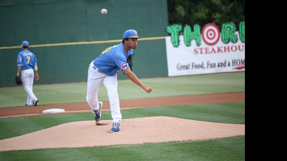 
Pelicans starter Jen-Ho Tseng sends a pitch to home plate against Potomac. He allowed two hits and no walks over six scoreless innings.
