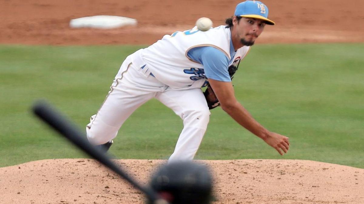 Myrtle Beach pitcher Kyle Miller sends a delivery toward home plate during a game last week. The Pelicans’ pitching staff has been among the Carolina League’s best, already logging better than 500 innings this season.