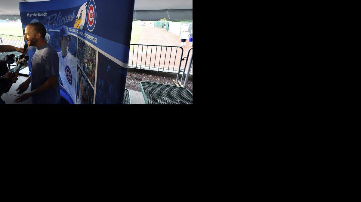 
Chicago Cubs player Chris Denorfia speaks to the media Tuesday at TicketReturn.com Field at Pelicans Ballpark. The outfielder is on a rehab assignment related to a hamstring injury.
