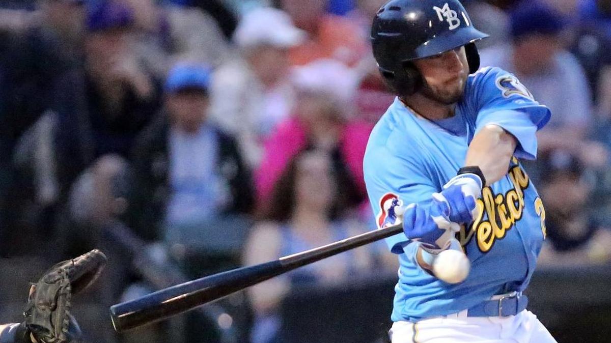 Myrtle Beach’s Trent Giambrone swings at a pitch during one of the Pelicans’ games earlier this season.