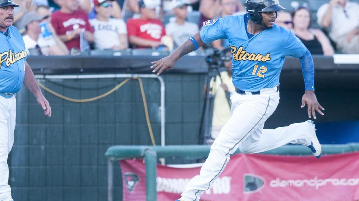 The Pelicans’ Yasiel Balaguert rounds third base during Tuesday’s game against the Carolina Mudcats.