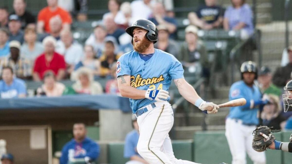 Pelicans third baseman Jesse Hodges slams a home run over the left field wall. The Pelicans won game two of their series with the Wilmington Blue Rocks 7-3 on ‘Bark in the Park’ night at Ticketreturn.com Field at Pelicans Ballpark on Wednesday night.