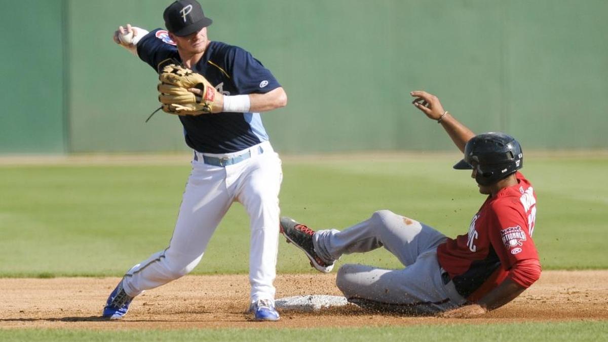 Myrtle Beach’s Ian Happ records an out at second base druing Tuesday’s game against the Nationals.