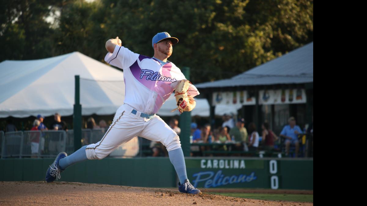 
Myrtle Beach’s Paul Blackburn makes a pitch Saturday night.
