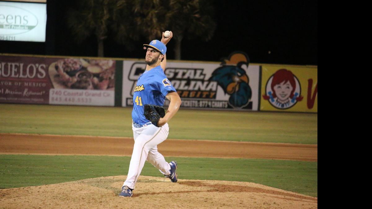 
Myrtle Beach Pelicans pitcher Jame Pugliese throws in a game against the Potomac Nationals.
