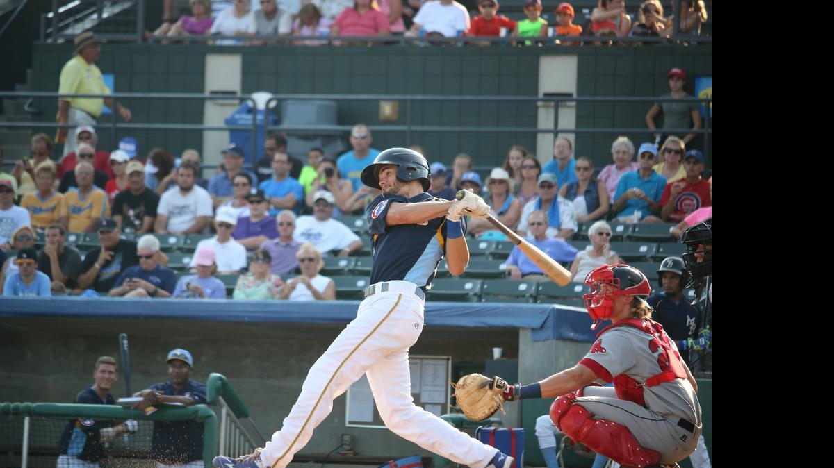 
The Pelicans’ Chesny swings during Sunday’s win over the Salem Red Sox on Sunday.
