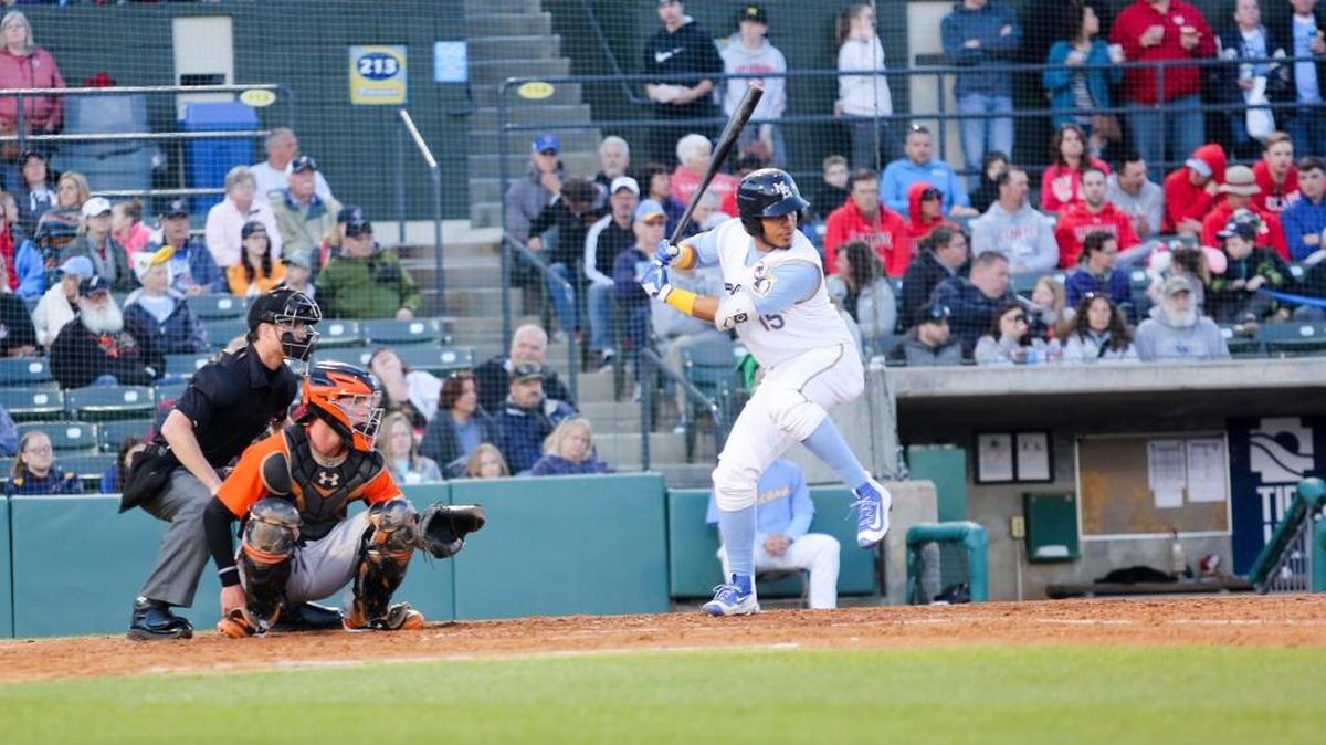 Myrtle Beach Pelicans catcher Jhonny Pereda bats against the Frederick Keys during the 2018 season-opening game at TicketReturn.com Field at Pelicans Ballpark. The Pelicans have agreed to remain a Class A minor league affiliate of the Chicago Cubs through 2022.