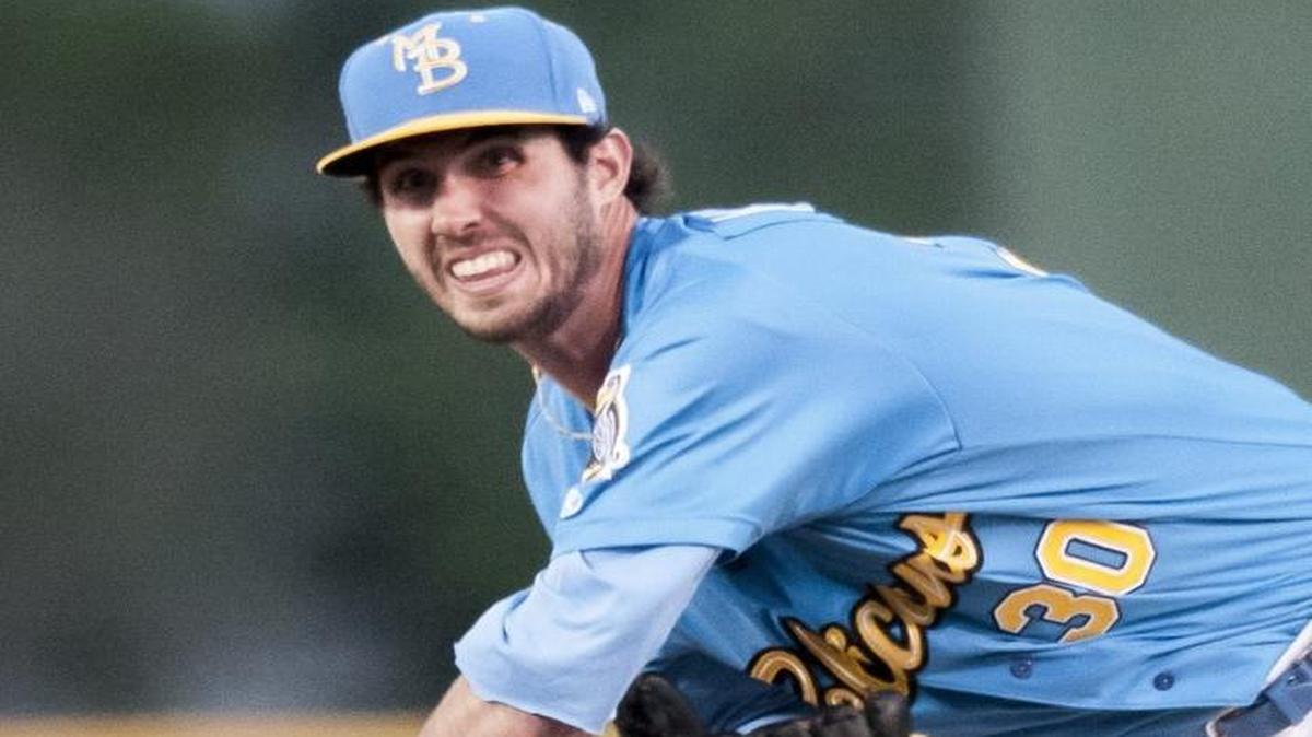 Myrtle Beach’s Ryan Kellogg hurls a fast ball toward home plate during a recent game.