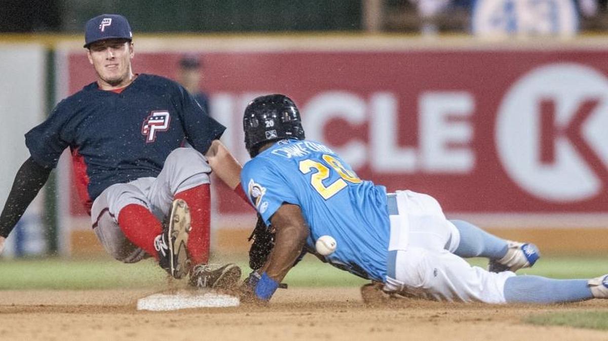 Pelicans outfielder Rashad Crawford steals against Potomac's David Masters in a game earlier in the season