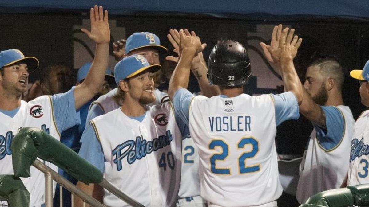 The Myrtle Beach Pelicans celebrate during a game earlier this season.