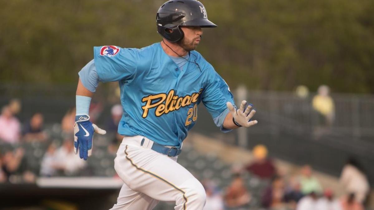 Myrtle Beach’s Trent Giambrone runs to first for a single against Lynchburg on Sunday.