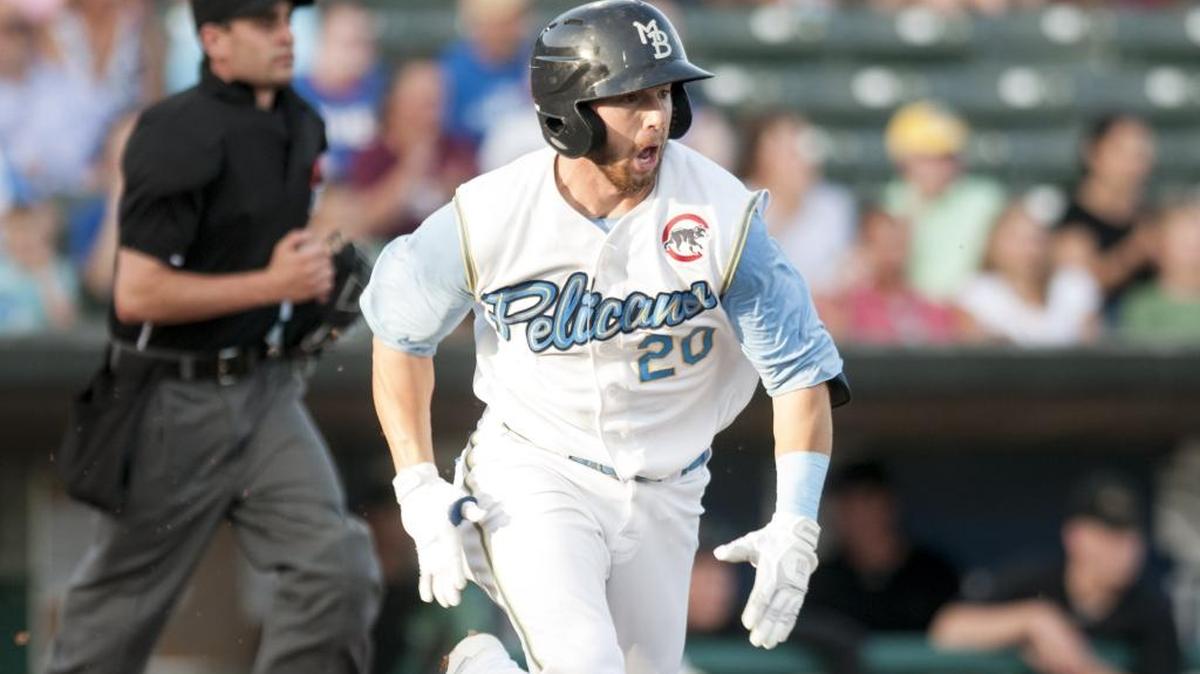 Trent Giambrone runs toward first base in a Myrtle Beach Pelicans game in September 2017.