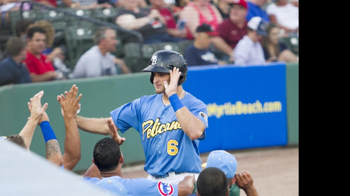 
Myrtle Beach’s Mark Zagunis celebrates his second home run of the night against the Hillcats on Friday.
