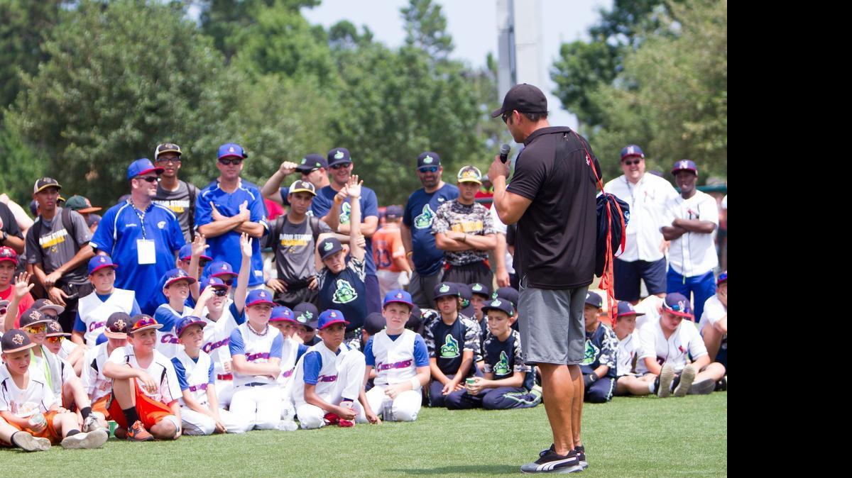 
Former Major League Outfielder Johnny Damon speaks at opening ceremonies of The Big Kahuna Baseball Tournament at The Ripken Experience in Myrtle Beach Sunday, July 19, 2015.
