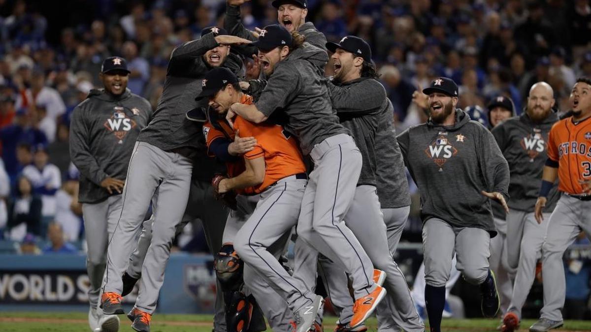 The Houston Astros celebrate after Game 7 of baseball’s World Series against the Los Angeles Dodgers Wednesday, Nov. 1, 2017, in Los Angeles. The Astros won 5-1 to win the series 4-3.