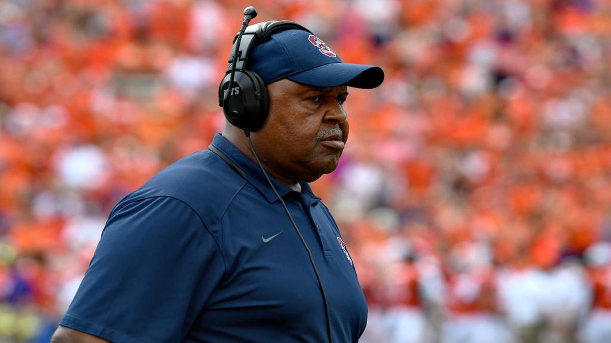 South Carolina State head coach Buddy Pough walks the sideline during the first half against Clemson on Saturday.