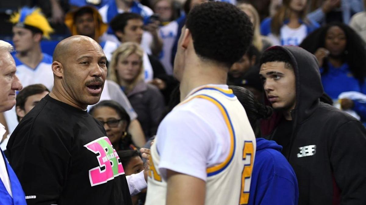 UCLA guard Lonzo Ball, right, shakes hands with his father LaVar following a game against Washington State last March in Los Angeles.