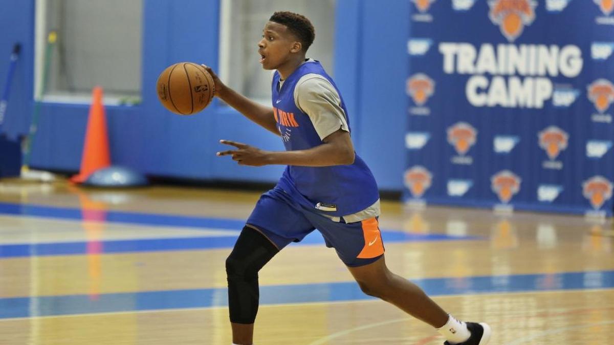 New York Knicks rookie Frank Ntilikina participates in a practice Tuesday in Greenburgh, N.Y.