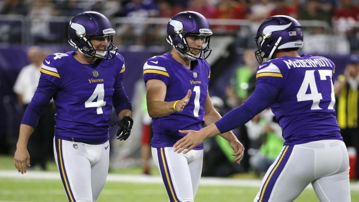 Minnesota Vikings punter Ryan Quigley, left, is sixth in the NFL in punting net average through two-plus weeks.