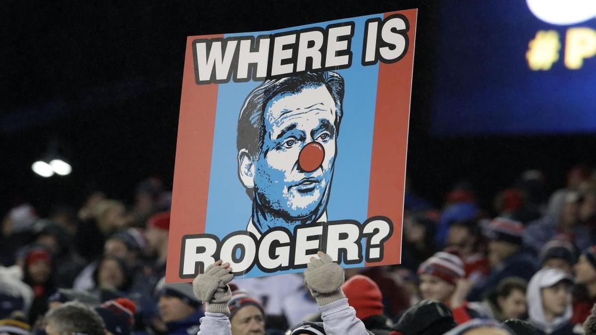 A New England Patriots fan holds a sign referring to NFL commissioner Roger Goodell during the first half of the AFC Championship game Jan. 22.