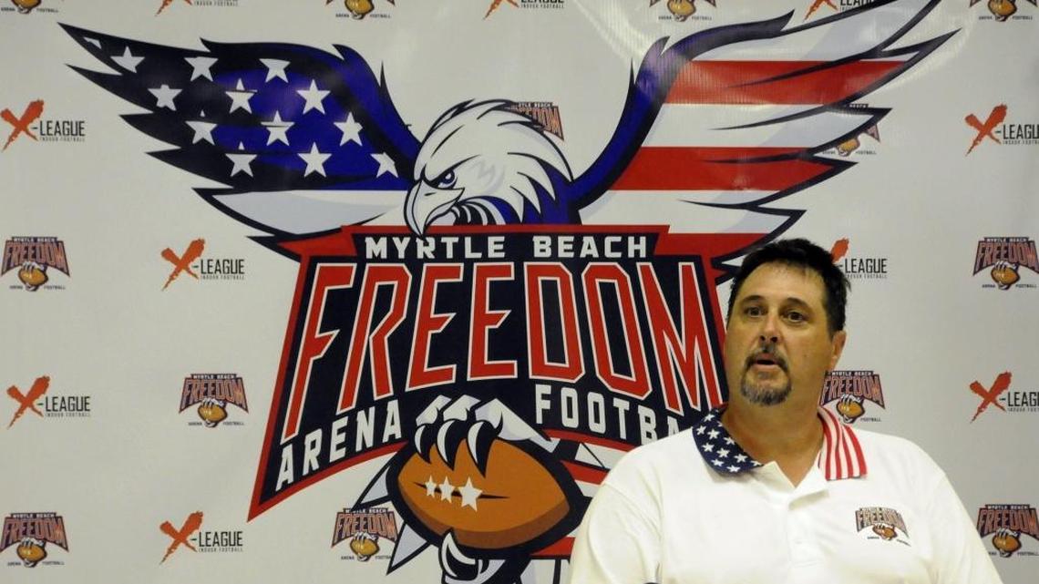 Ronnie McCuin, owner and director of football operations of the Myrtle Beach Freedom, speaks during a press conference earlier this year.