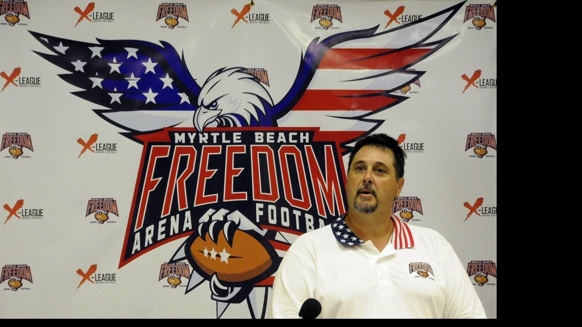 
Ronnie McCuin, Owner, Director of Football Operations and General Manager of the Myrtle Beach Freedom, a professional arena football affiliated with the X-League, speaks during a news conference Monday.
