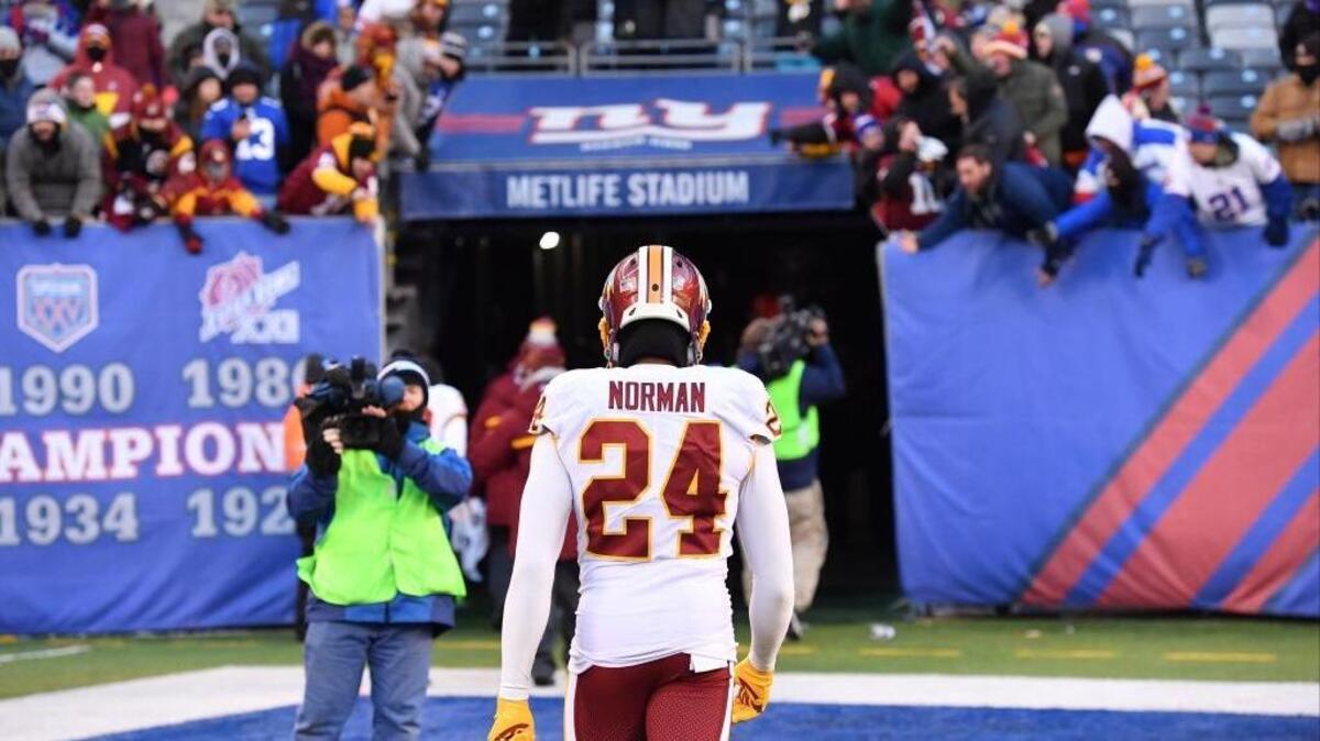 Washington Redskins cornerback Josh Norman walks off the field for the last time this year following a loss to the New York Giants at MetLife Stadium on Sunday.