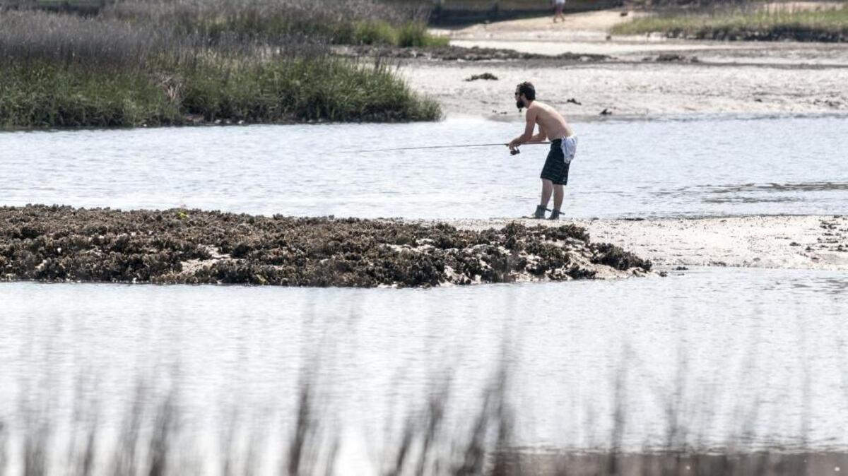 A fisherman walks the oyster bars at low tide in Cherry Grove Inlet in North Myrtle Beach.