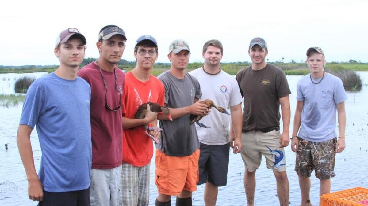 
HGTC forestry and wildlife students from left to right are Matt Strever; Ashton Reilly; Kenneth Sutton, holding a black bellied whistling duck; Sheldon Banks, holding the fulvous whistling duck; Logan Pollock, Matt Fowler and Jacob Bratz.
