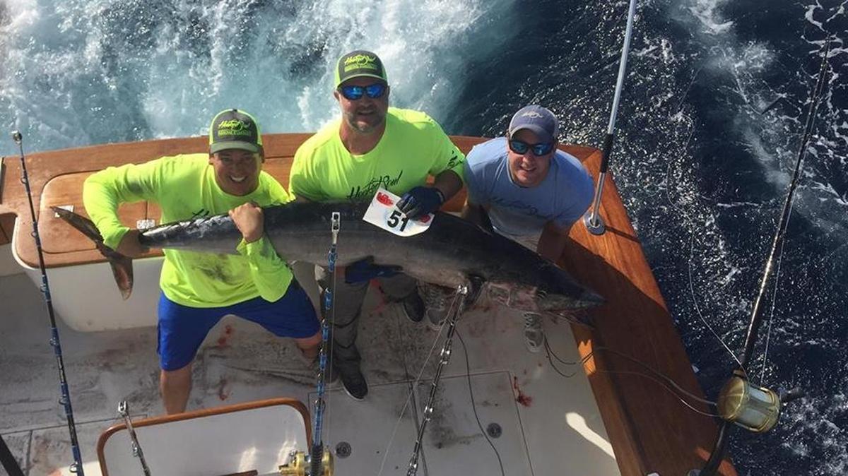 The Wasted Time crew shows off the 100.5-pound wahoo caught on March 29 that helped them win the 2017 South Carolina Wahoo Series.